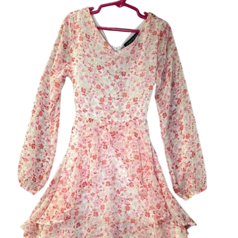 Trixxi Girl Size Small Pink Floral Dress Long Sleeve